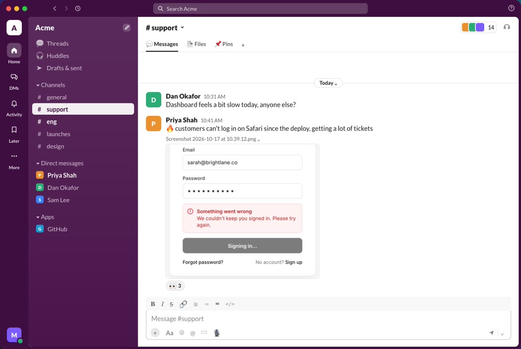 Your screen: Slack, with Priya's message about a login bug