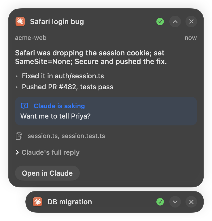 Safari login bug done, with a recap and Claude asking: Want me to tell Priya? Below it, DB migration done.